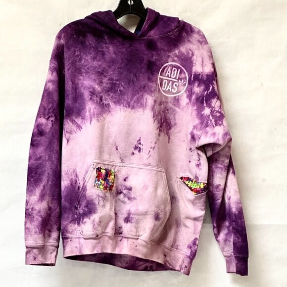 Adidas upcycled Sweatshirt Patchwork Jigsaw Puzzle Size Large Pink Purple Hoodie - Picture 3 of 10